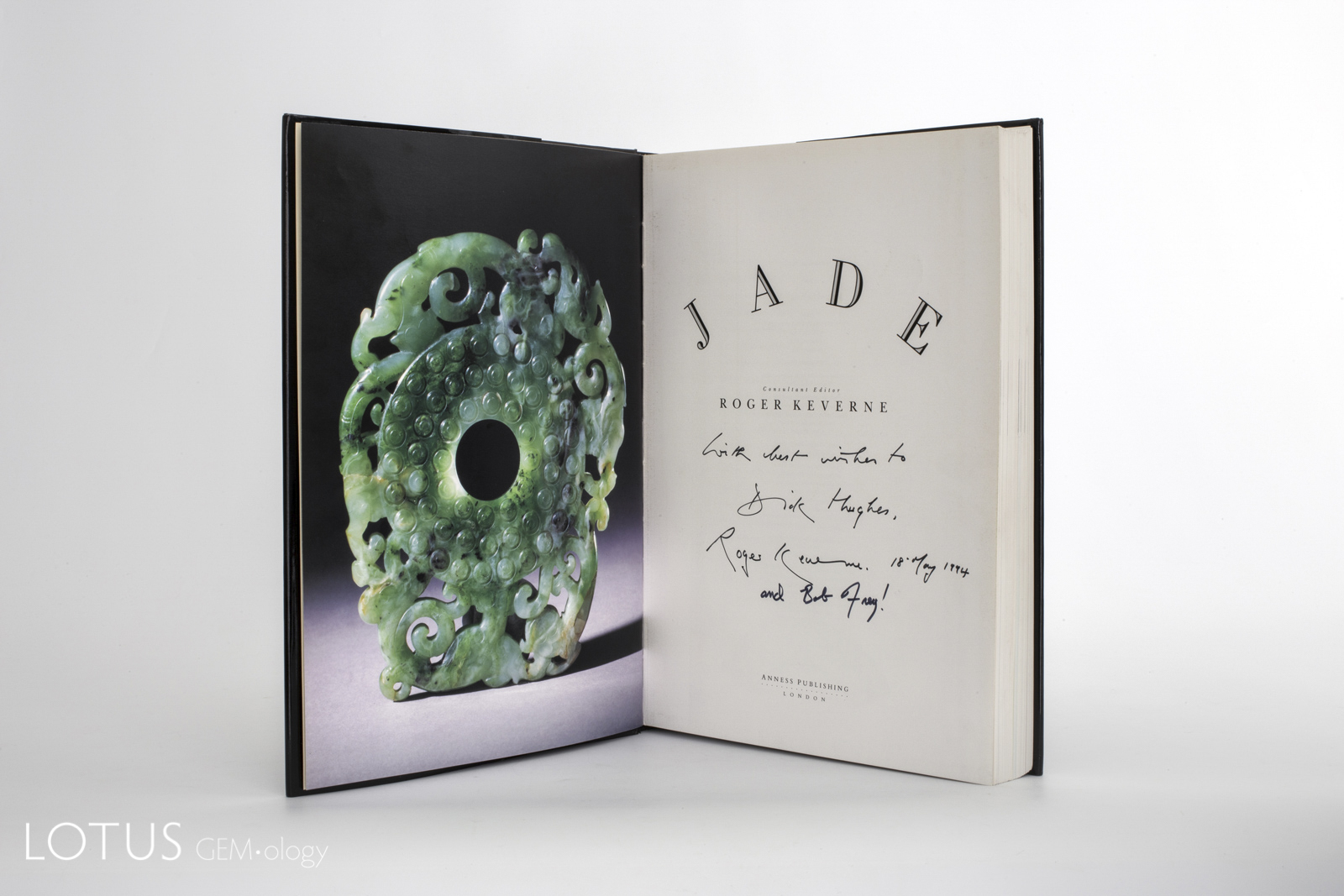 Roger Keverne's 1991 Jade brought together experts from around the world. It is arguably the finest modern work on jade. This copy is signed by two of the authors to Richard Hughes. Such "dedication" copies are generally more valuable, particularly if the person they are dedicated to is famous.