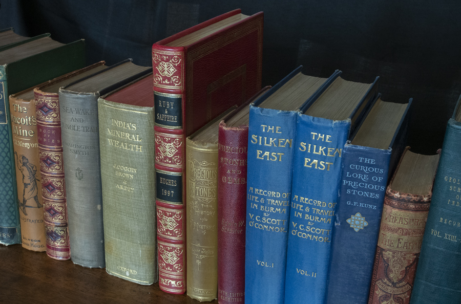 A few volumes from the personal library of Lotus Gemology's Richard Hughes and Wimon Manorotkul. It is critical for a good gem lab to have access to a wide variety of book on gemology and mineralogy and the related fields. The internet, while quite useful, is no replacement for a solid reference library.