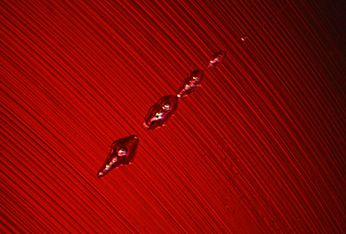 Figure 4. Elongated gas bubbles torpedo through curved striae within the depths of a Verneuil synthetic ruby. Photo © John I. Koivula/microWorld of Gems.