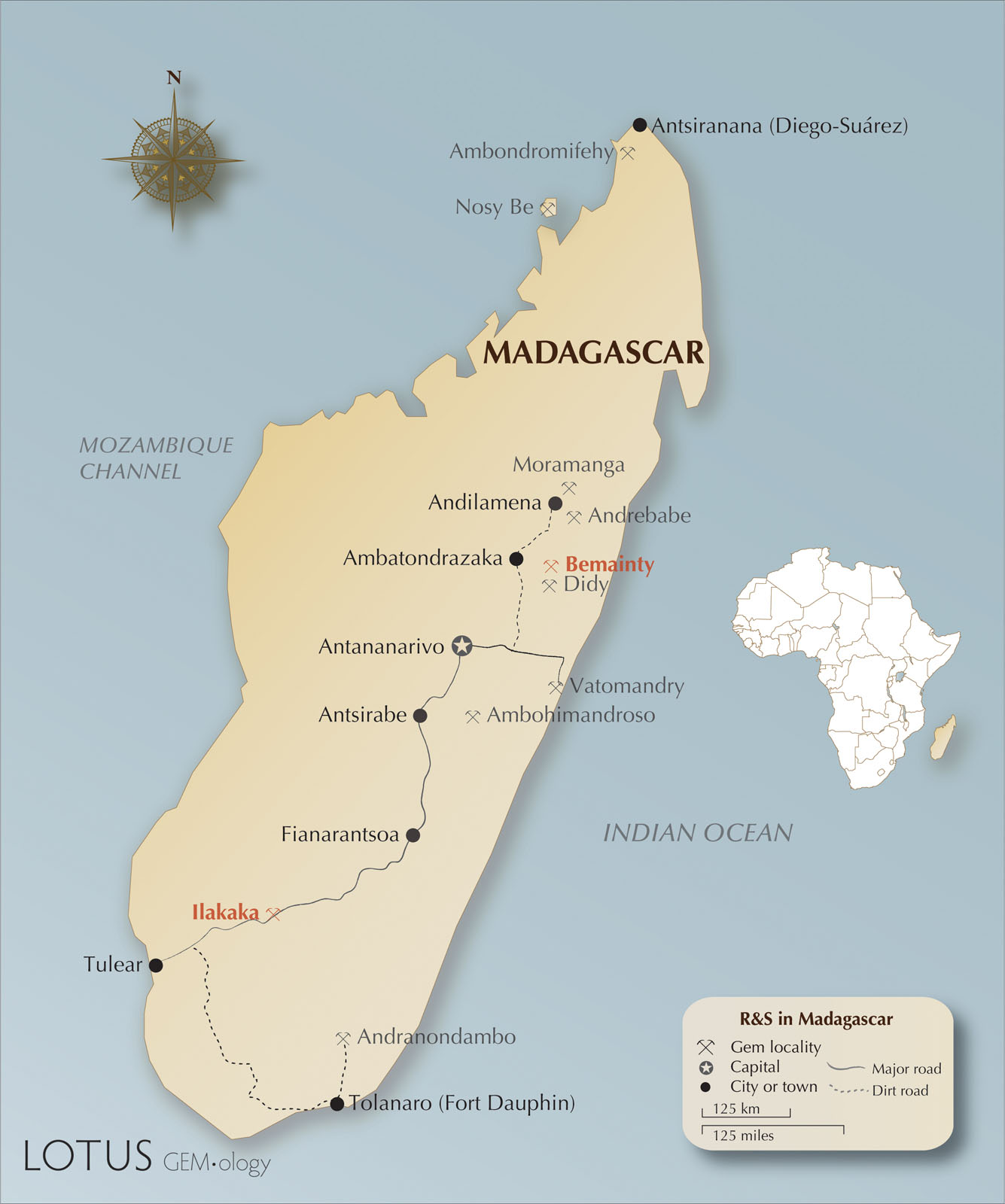  Map of Madagascar, including the most notable corundum localities. Ilakaka, Bemainty, and Andranondambo, the sources of samples used in this experiment, are highlighted in red. Maps by Richard Hughes.