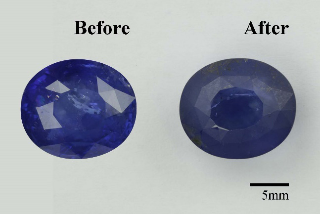 Three examples of sapphires before and after HT+P treatment.