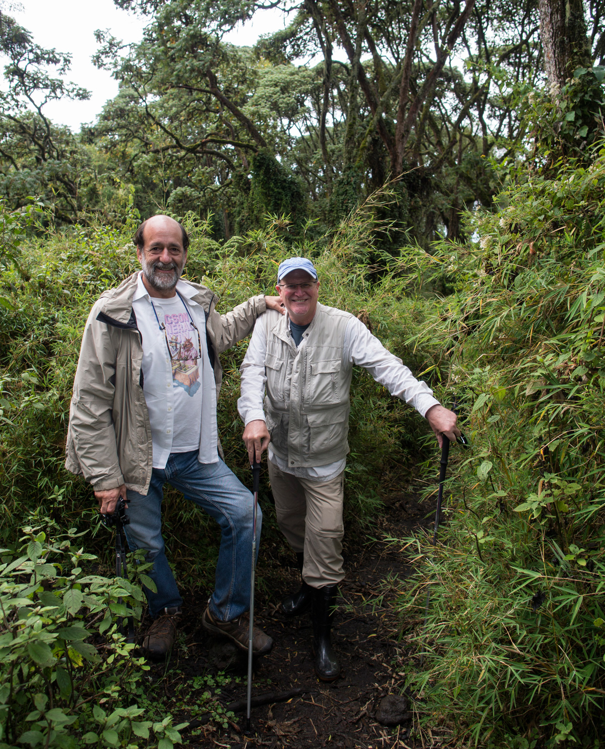Dana Schorr and Richard Hughes returning from a trek to see the silverback gorillas in Rwanda in 2013.