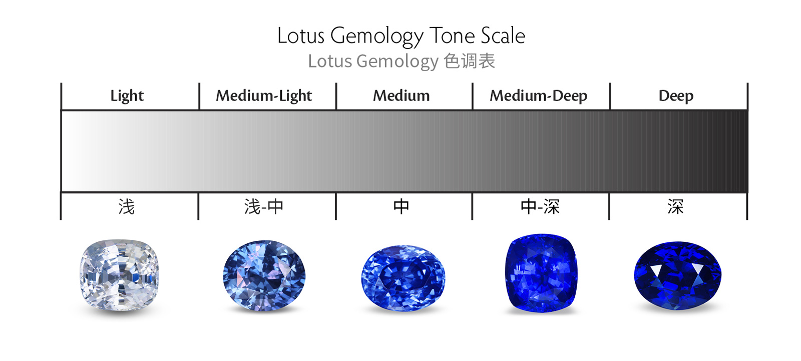 Lotus Gemology reports use a five-step tonal scale.