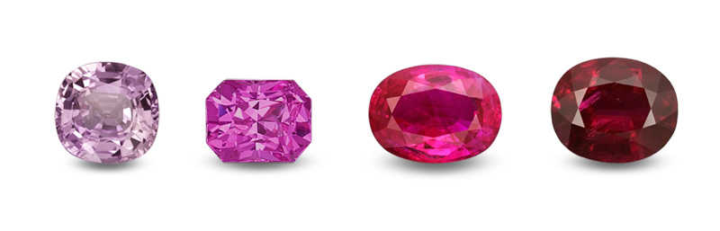 Four corundums of the same hue (red), but showing a variation in saturation and tone. Most gem dealers would classify stones 3 and 4 as rubies, while stone 1 would be a pink sapphire. Stone 2 walks the line, a ruby to some, while a mere pink sapphire to others. This clearly illustrates the problems created by overly narrow variety definitions.