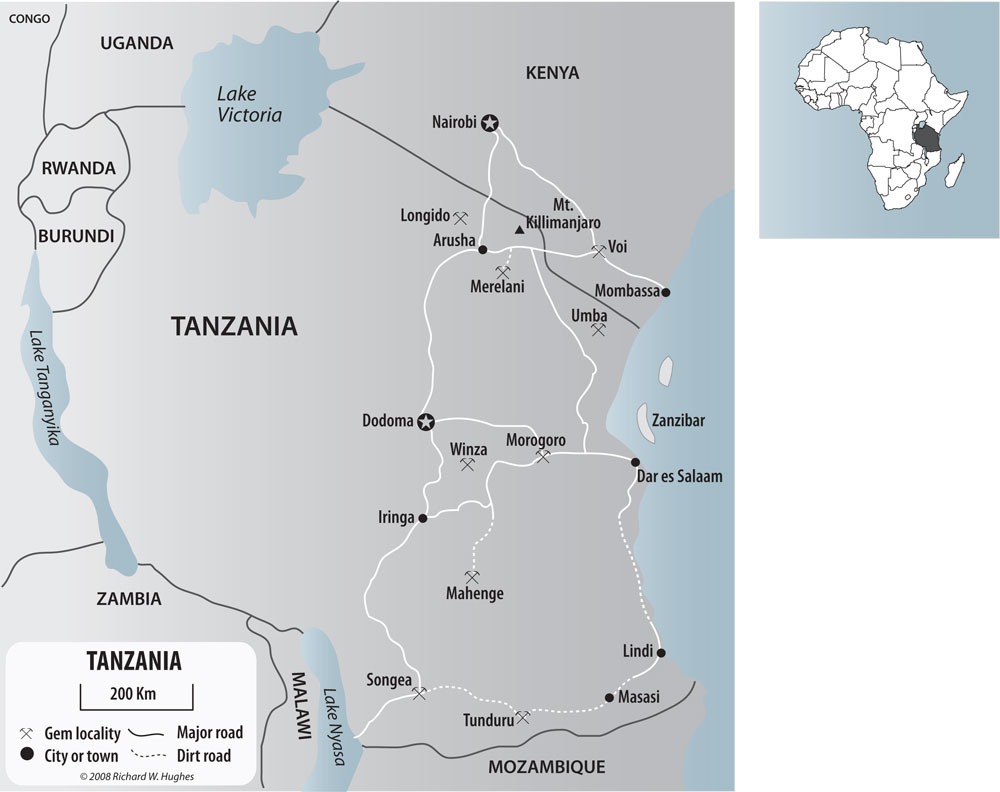 Map of Tanzania and southern Kenya, showing the major gem localities. The tanzanite mines of Merelani are located just south of Mt. Kilimanjaro. Click on the map for a larger version. Map: R.W. Hughes