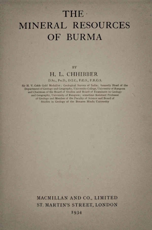 Title page to H.L. Chhibber's classic 1934 work, the most complete study of the geology of Burma's jade mines ever published.