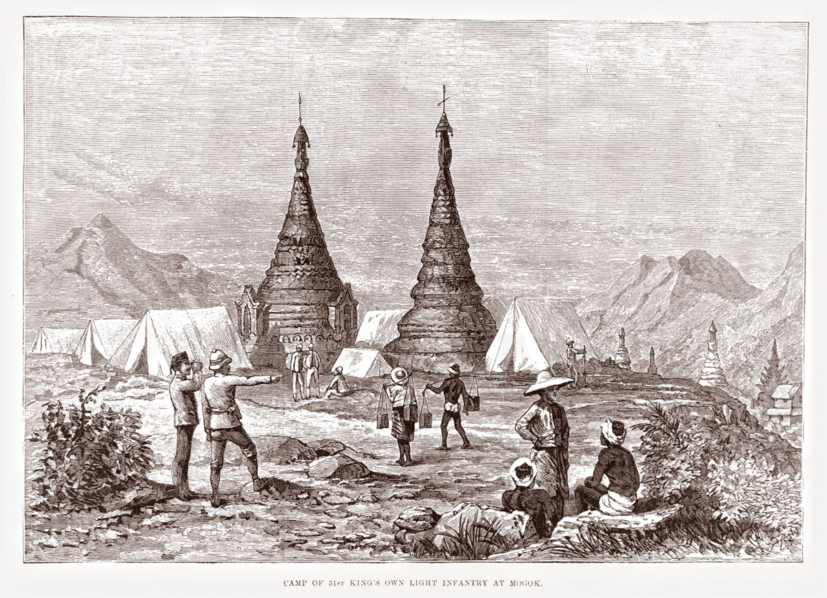 British camp at Mogok. (From the Illustrated London News, 19 Feb., 1887). Click on the image for a larger version.