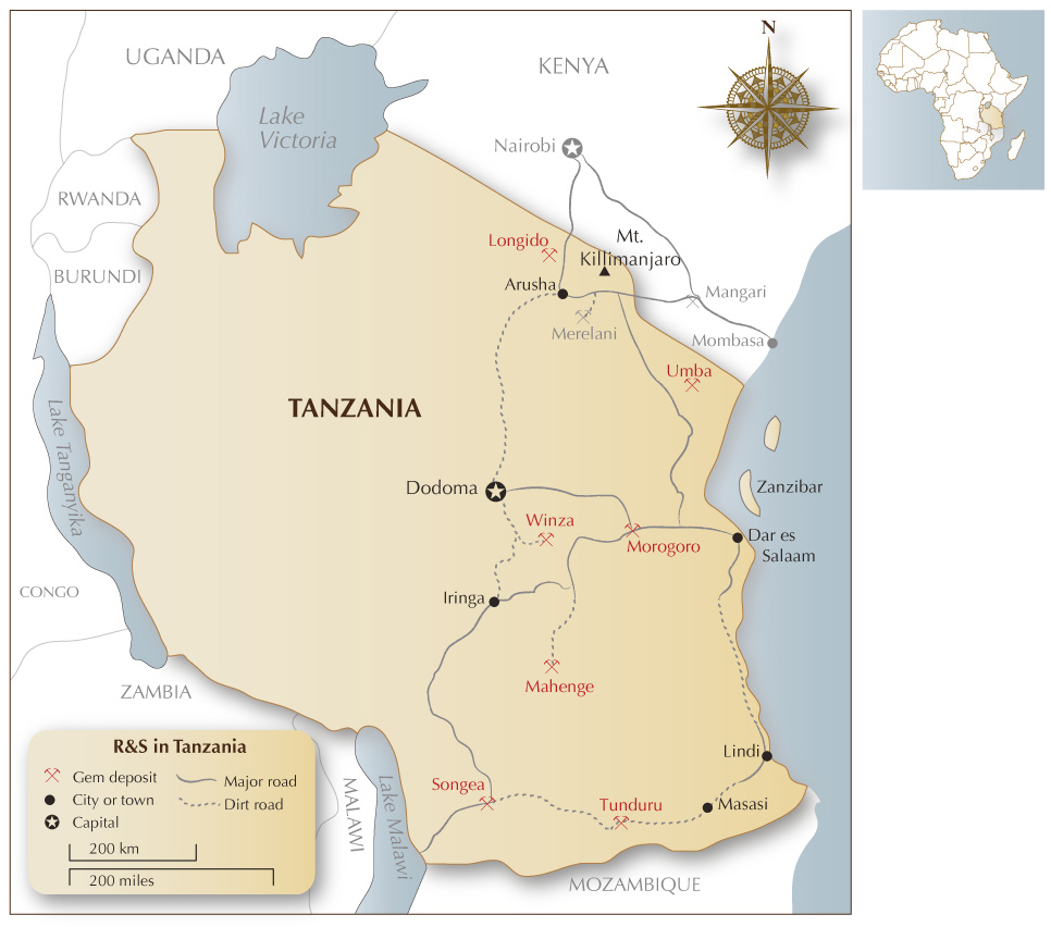 Map of Tanzania and southern Kenya, show the major gem localities. Map © R.W. Hughes