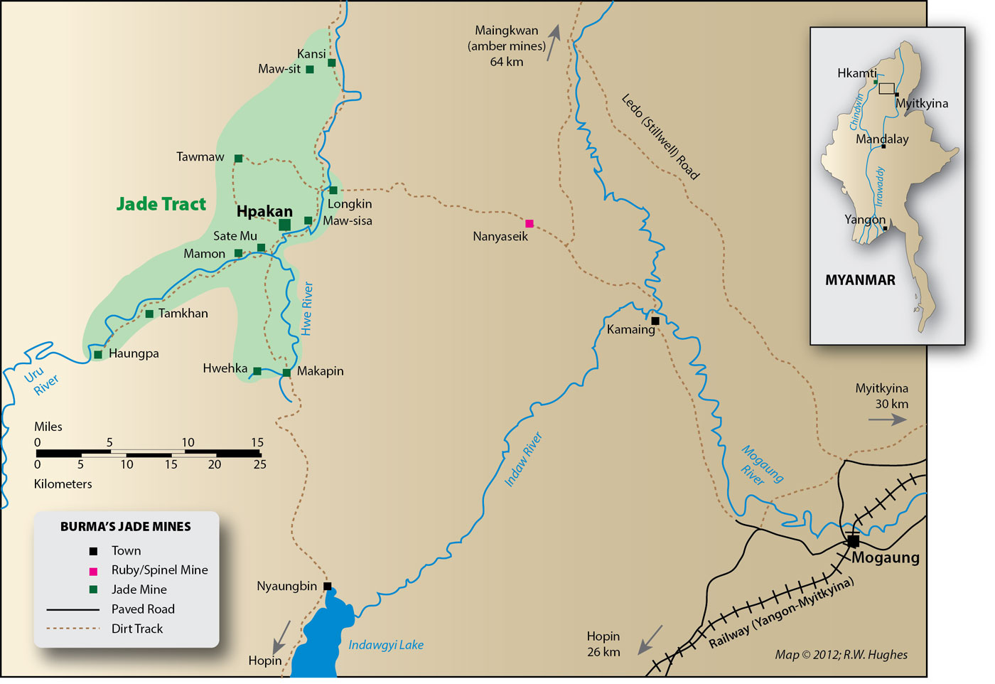 Map of Upper Burma showing the location of the jade mines. Click on the map for a larger image. Map: Richard W. Hughes