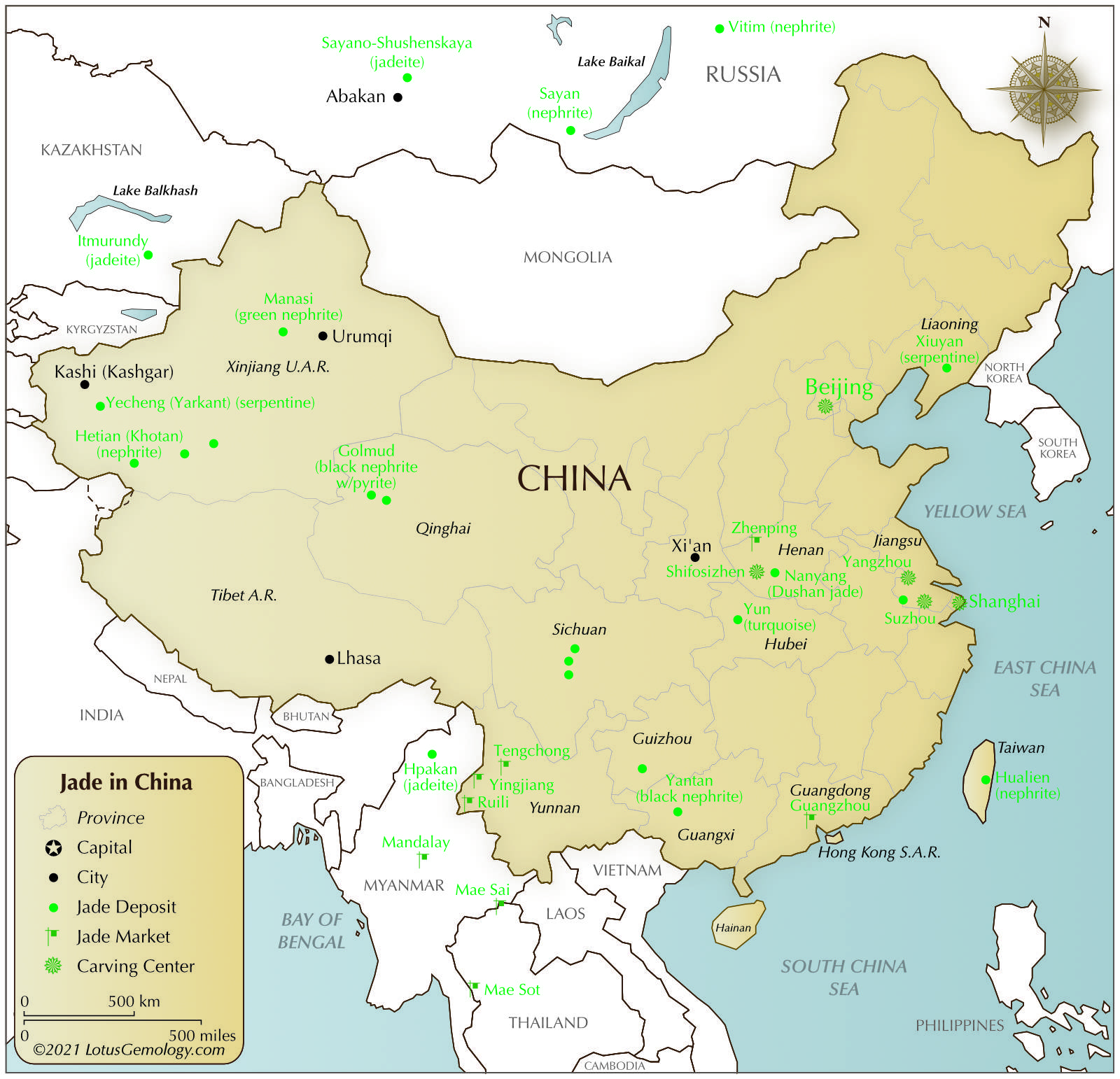 Figure 2. Map of China showing the location of major jade mines, markets, and carving centers. The major source of Chinese nephrite is Hetian (a.k.a. Khotan) in western China's Xinjiang Province, while jadeite comes from the Hpakan region of Upper Myanmar (Burma). Map: Richard W. Hughes. Click on the map for a larger image.