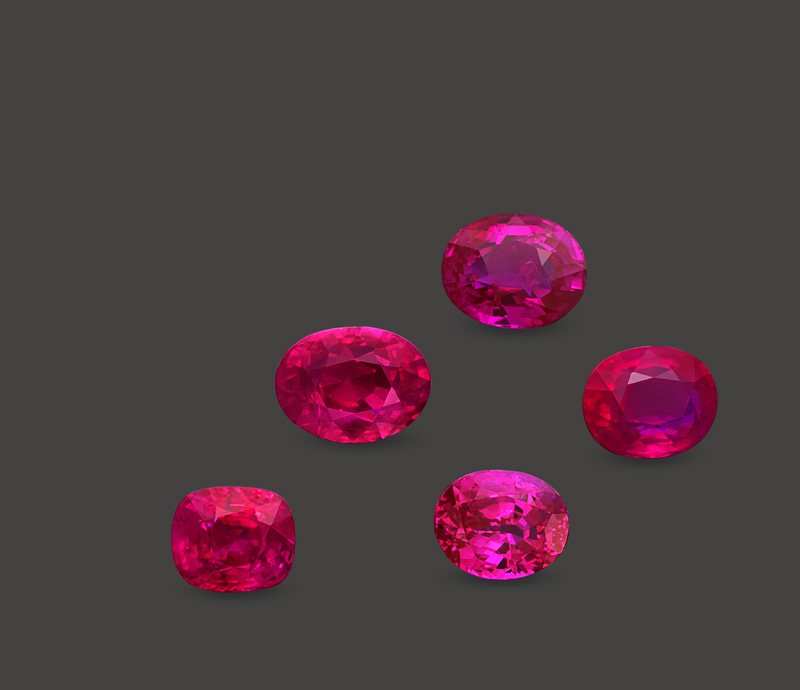 Figure 2. A “royal flush.” Five natural, unheated Mogok rubies from 3.02-4.02 ct. Specimens courtesy of Veerasak Gems. Photo: Wimon Manorotkul
