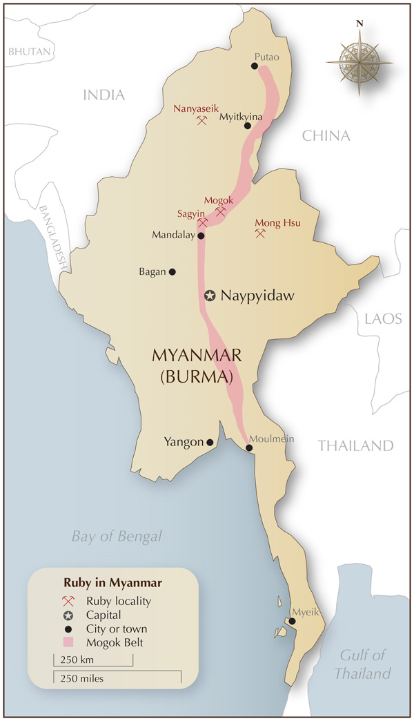 Figure 6. Map of Myanmar showing the location of Mogok and the Mogok Belt. Map: Richard W. Hughes