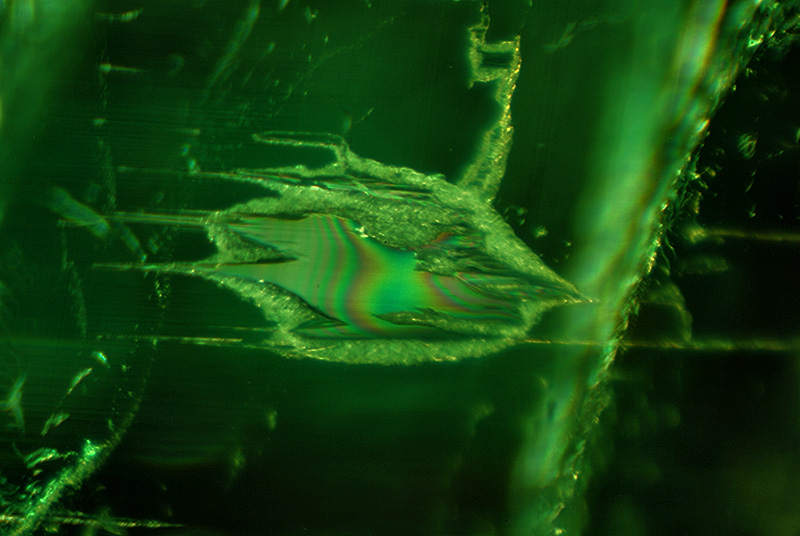 Lotus Gemology Bangkok: A small negative crystal in a Malysheva emerald. Specimen courtesy of Tsar Emeralds Corp.; photo: John Koivula