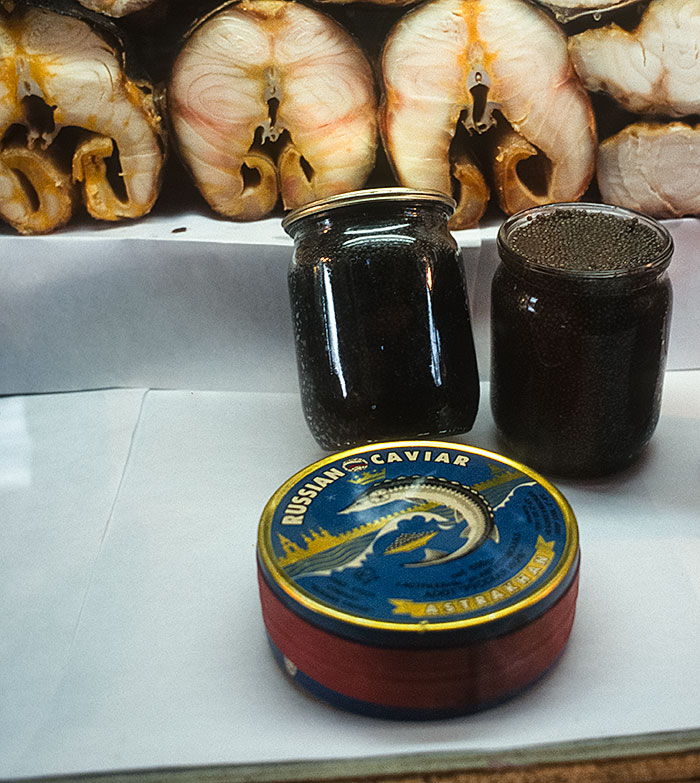 Product of Russia. At the time of writing (2000), a 500-gram jar of beluga "black" caviar such as that shown cost about $150. Today (2014) it is completely banned to protect the sturgeon, from which it comes.  Photo: © Richard W. Hughes