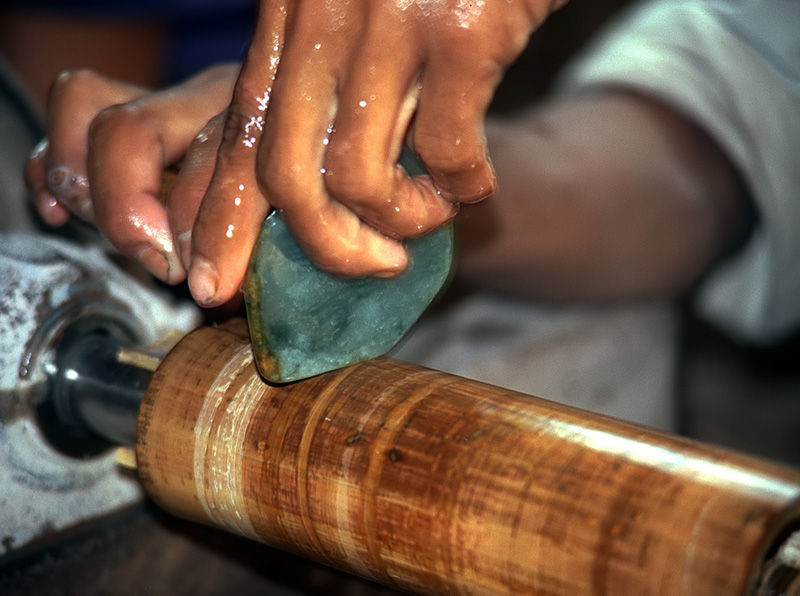 Bamboozled: Final polishing for jade cabochons is often done with a piece of bamboo mounted on the end of a lathe. This photo was taken in Mogaung's jade market.