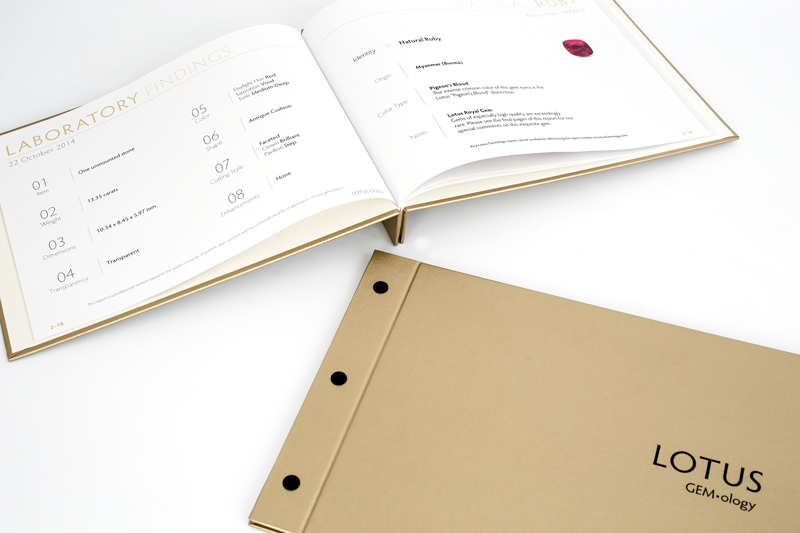 The Lotus Gold hardcover report is available for ruby, sapphire, spinel, jade and a handful of other stones. Lotus Gemology's Richard Hughes designed the world's first deluxe lab report, a concept that has been widely copied by others.