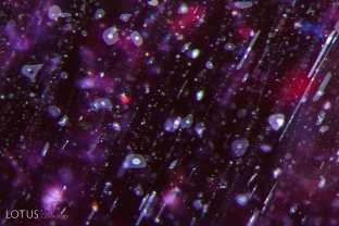 When a Mozambique ruby is heated, the silk may start to break down, resulting if mottling or bubbles appearing in the daughter minerals, as seen here.