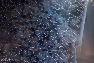 The fingerprint in this sapphire shows clear signs of heat alteration. Note the frosty, hazy appearance between the negative crystals, which results from micro-fractures to release the pressure caused by heating; also note that each negative crystal tube has begun to neck down and become more rounded.