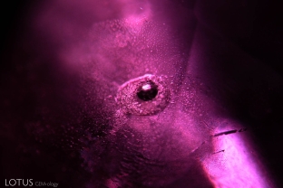 A melted crystal with a trapped gas bubble in a heat-treated ruby from the Thal-Cambodian border.