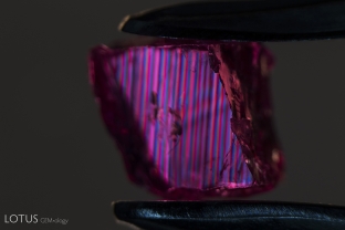 Polysynthetic twinning creates this striking striped pattern when viewed in crossed polars in this ruby from Malawi.