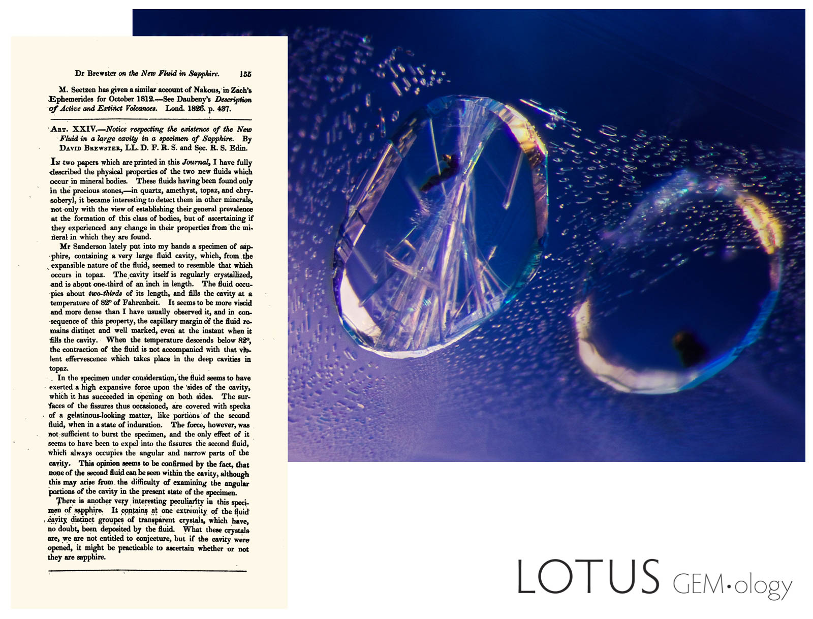 David Brewster's 1927 article (left) perfectly describes the kind of negative crystals that are typical of Sri Lankan sapphires (right). Photomicrograph: E.  Billie Hughes. Click on the photo for a larger image.