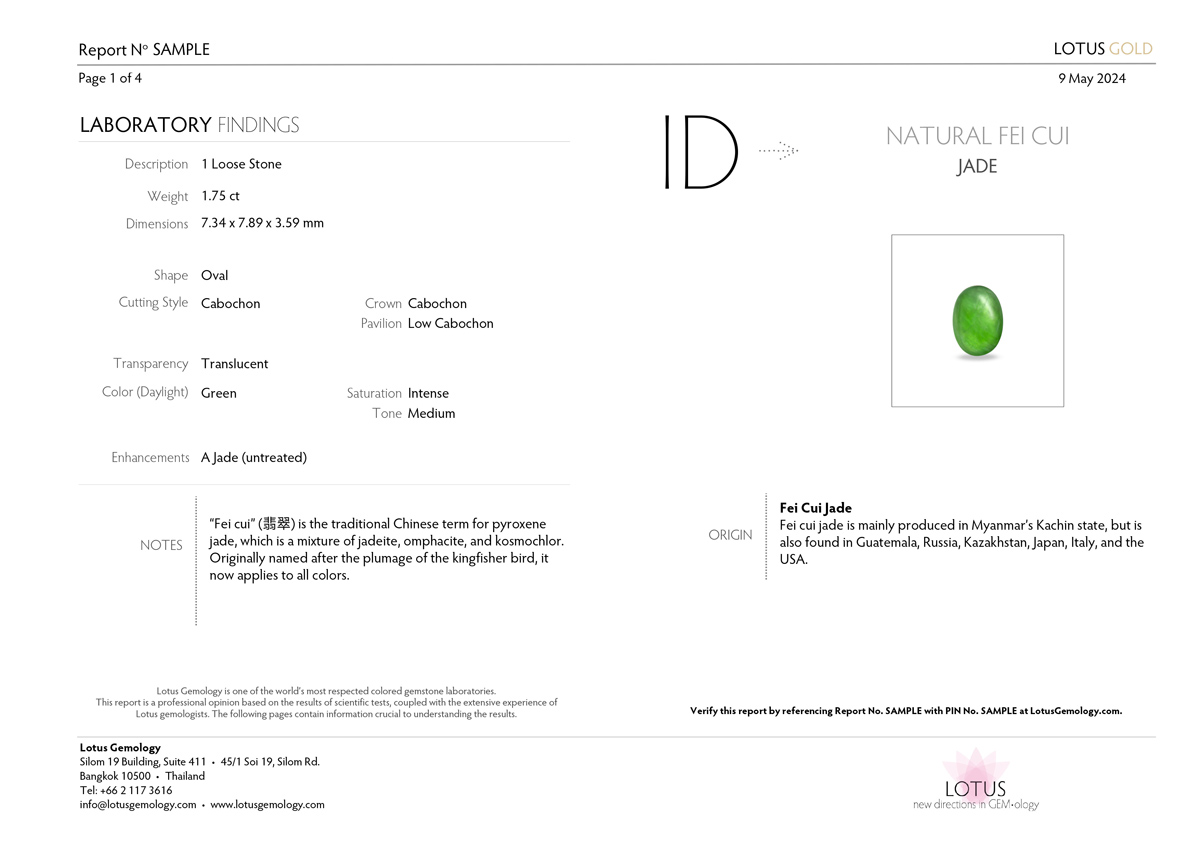 Sample Lotus Gemology report for fei cui jade, showing the wording that appears on the report. Click on the image for a PDF of the full report.