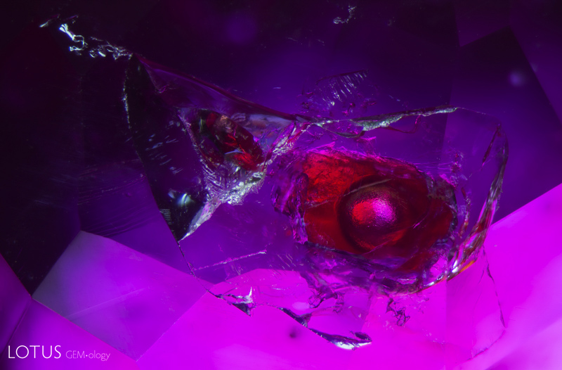 The red color of the oil within the cavity of a ruby displays a remarkable contrast with the bodycolor of the gem. Unlike the flattened bubbles regularly encountered, a rounded bubble attests to the size of the cavity containing the oil. Photomicrograph by E. Billie Hughes; field of view approximately 2.5 mm.