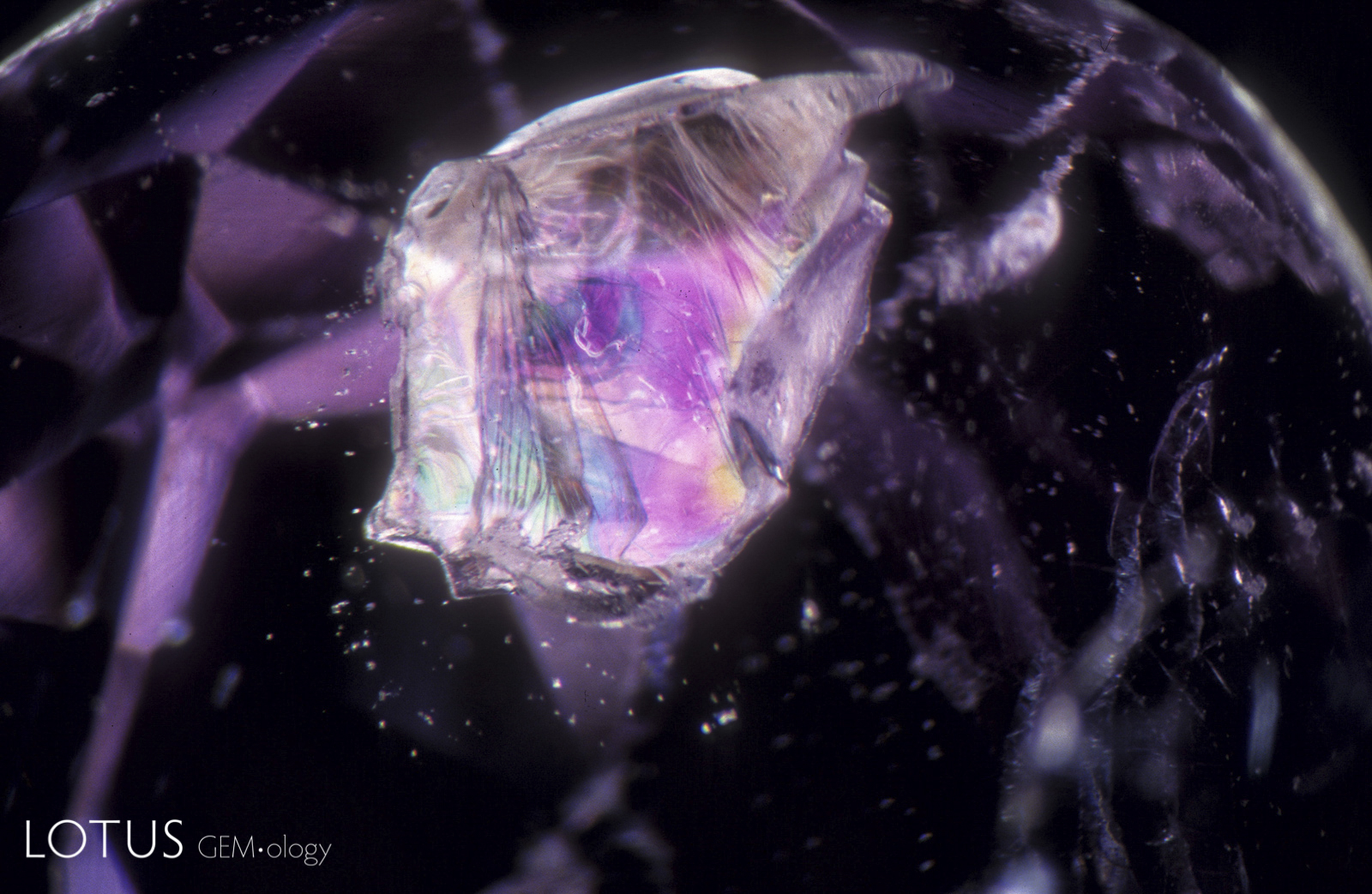 An iridescent booklet of translucent white muscovite mica resides in the interior of a mauve spinel from Sri Lanka.