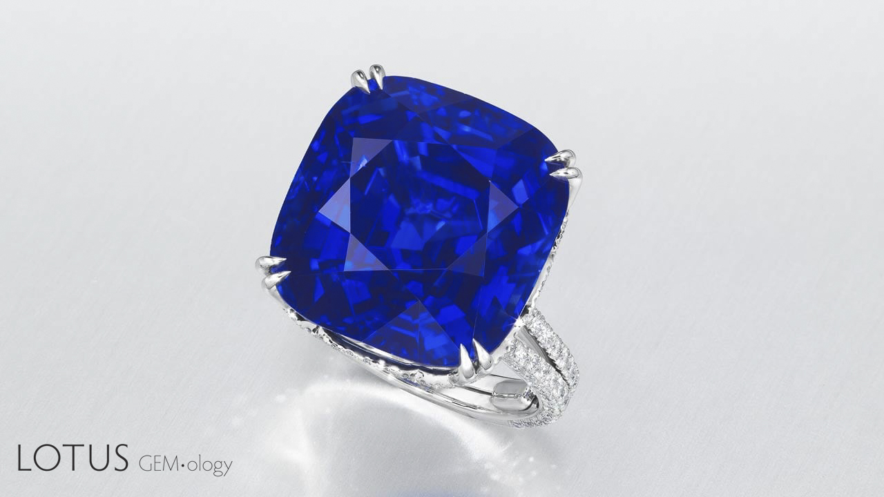 The "Jewel of Kashmir," a magnificent 27.68 ct sapphire set a new per carat auction record for sapphire on 7 October 2015, when it sold for $6,745,688 ($243,703/ct) at Sotheby's Hong Kong. Image © Sotheby's