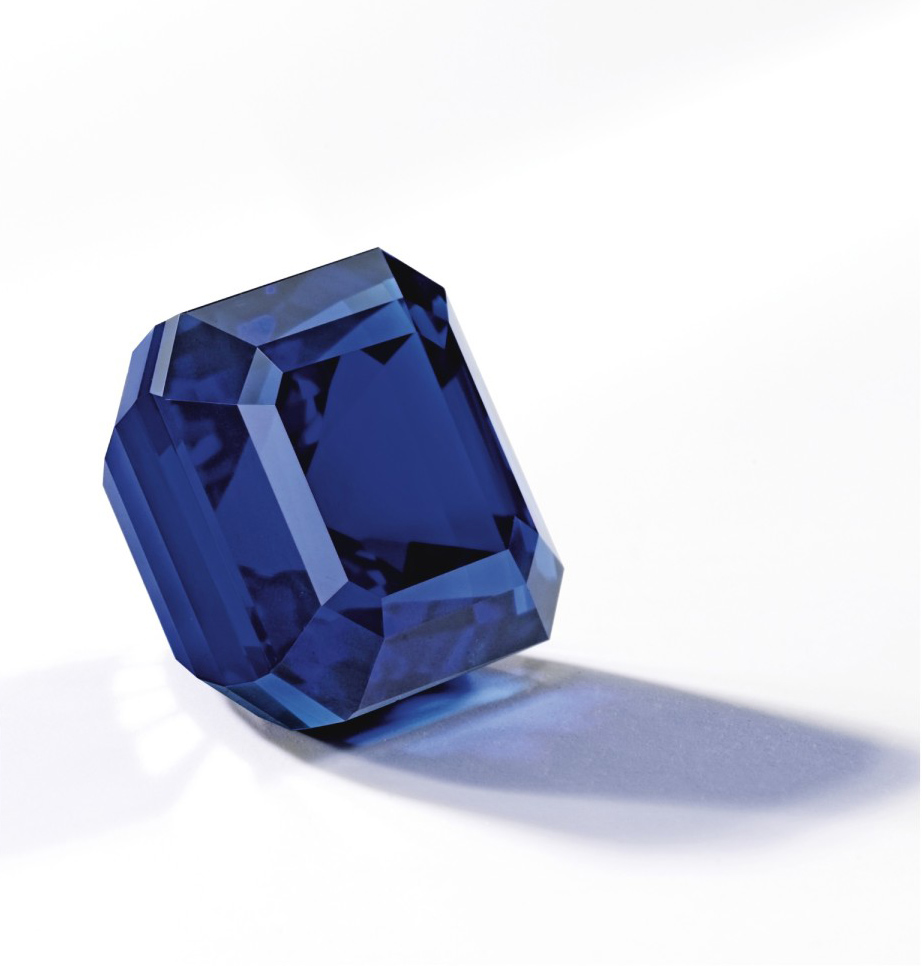 The "Jewel of Kashmir," a magnificent 27.68 ct sapphire set a new per carat auction record for sapphire on 7 October 2015, when it sold for $6,745,688 ($243,703/ct) at Sotheby's Hong Kong. Image © Sotheby's