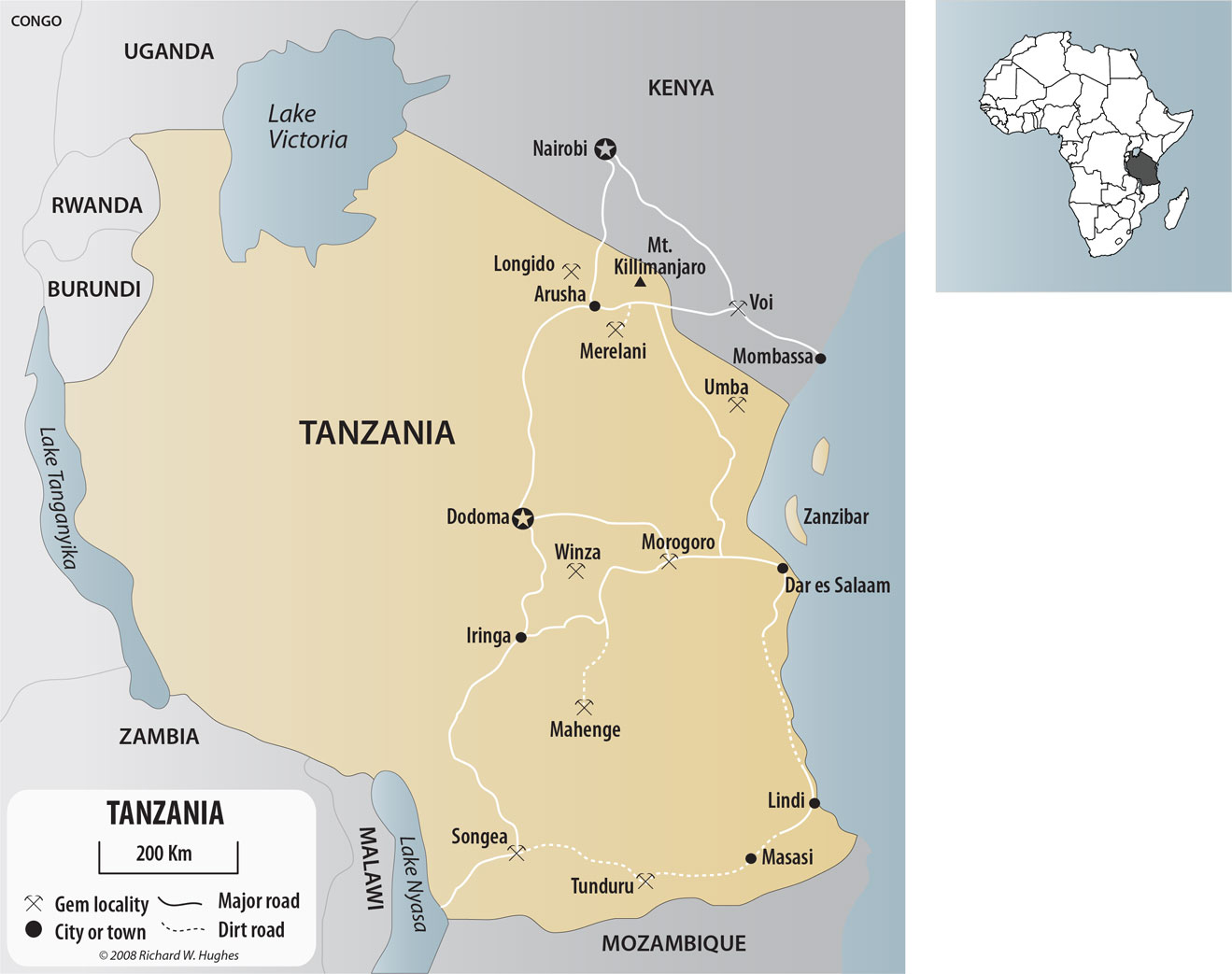 Map of Tanzania and southern Kenya, show the major gem localities. Map © R.W. Hughes