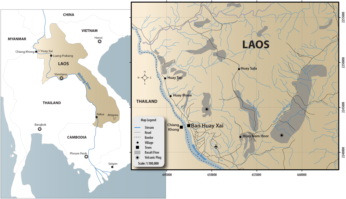 Map of Laos showing the location of the sapphire mines. Click on the map for a larger image. Maps: Richard W. Hughes & Donekeo Intavong
