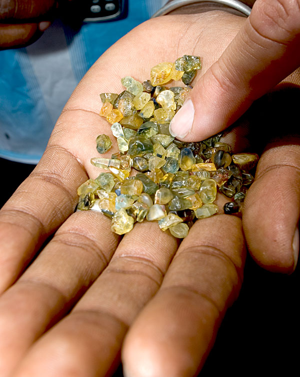 A handful of sapphire from Ambondromifehy, just south of Diego Suarez in Madagascar's far north. Photo: Richard W. Hughes
