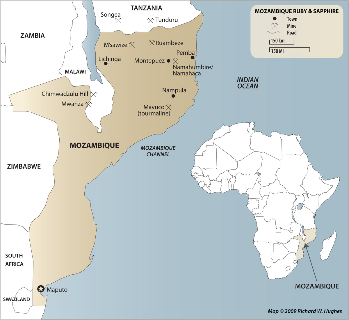 Map of Mozambique, showing the location of the ruby mines near Montepuez.