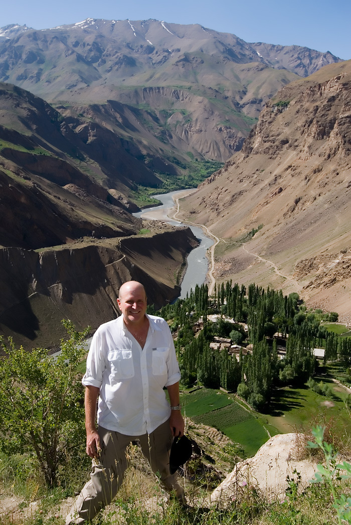 Richard Hughes at the storied Kuh-i-Lal spinel mines, which lie high on a mountain above the Panj (Pamir) River, which separates Afghanistan (left) from Tajikistan (right). Photo: Dana Schorr