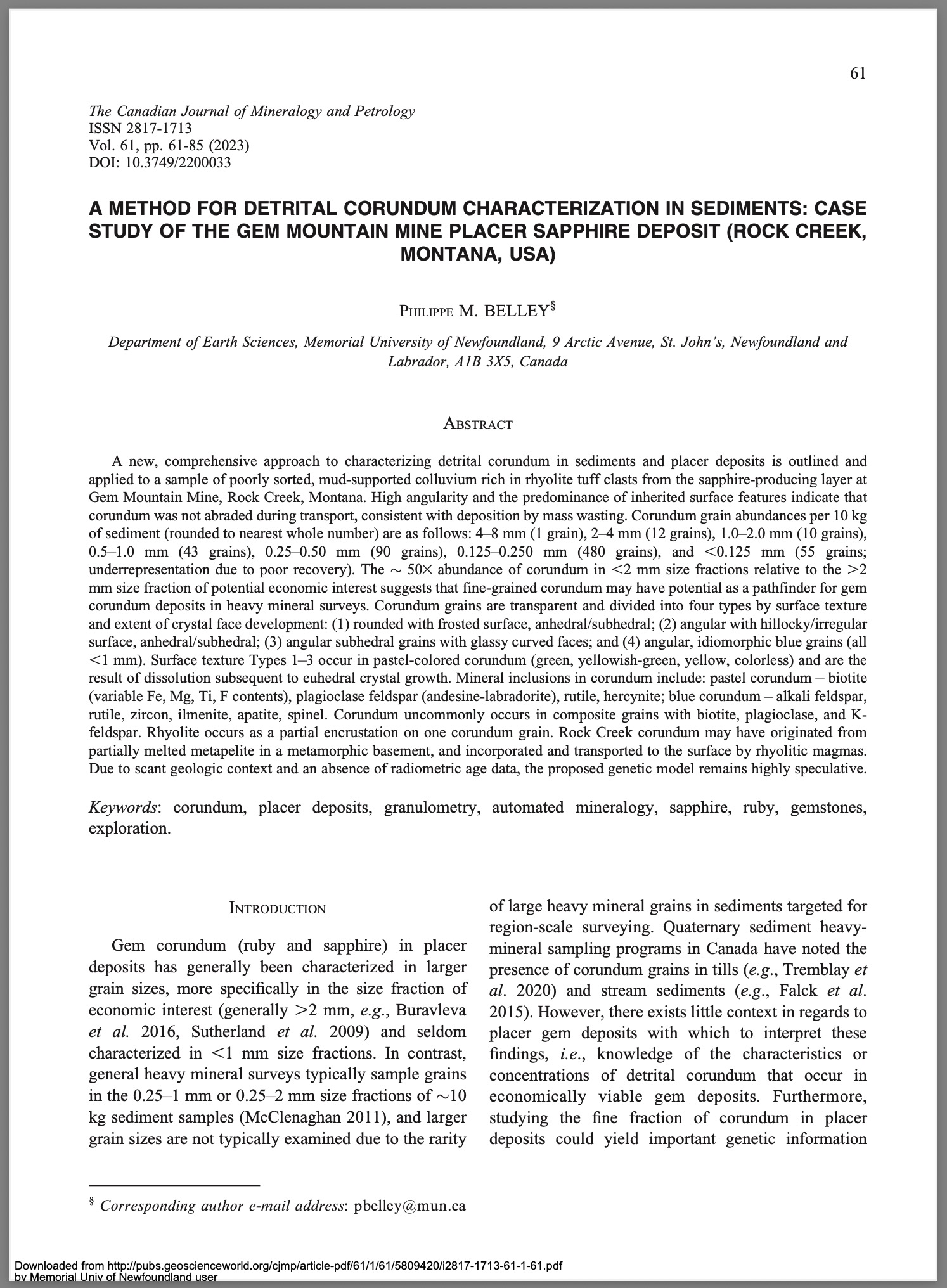A method for detrital corundum characterization in sediments: Case study of the Gem Mountain mine placer sapphire deposit (Rock Creek, Montana, USA)