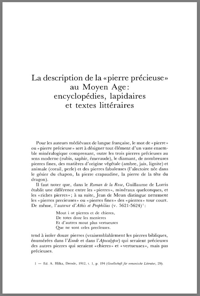 La description de la “pierre précieuse” au Moyen Âge: Encyclopédies, lapidaires et textes littéraires