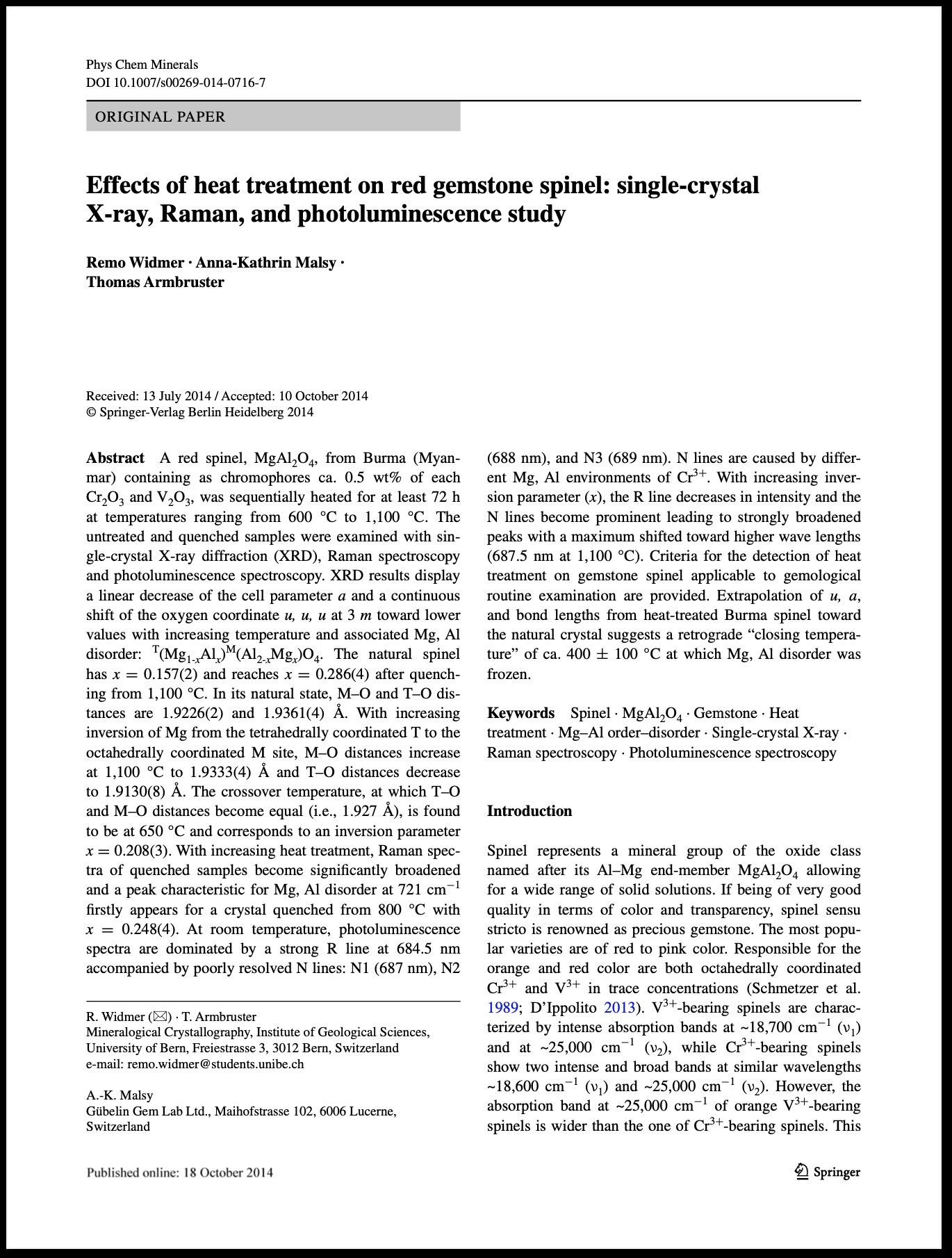 Effects of heat treatment on red gemstone spinel: Single-crystal X-ray, Raman, and photoluminescence study