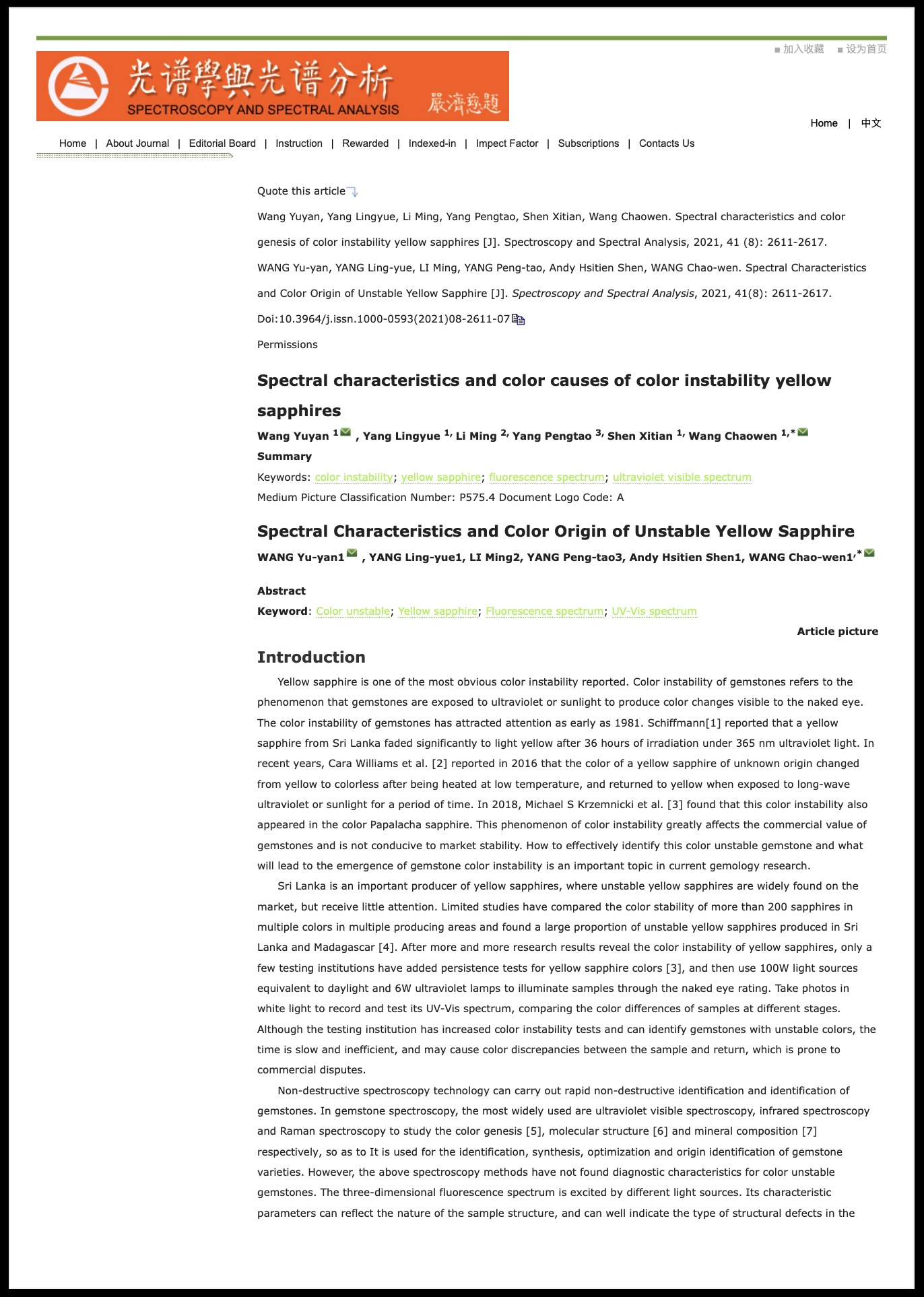 Spectral characteristics and color origin of unstable yellow sapphire