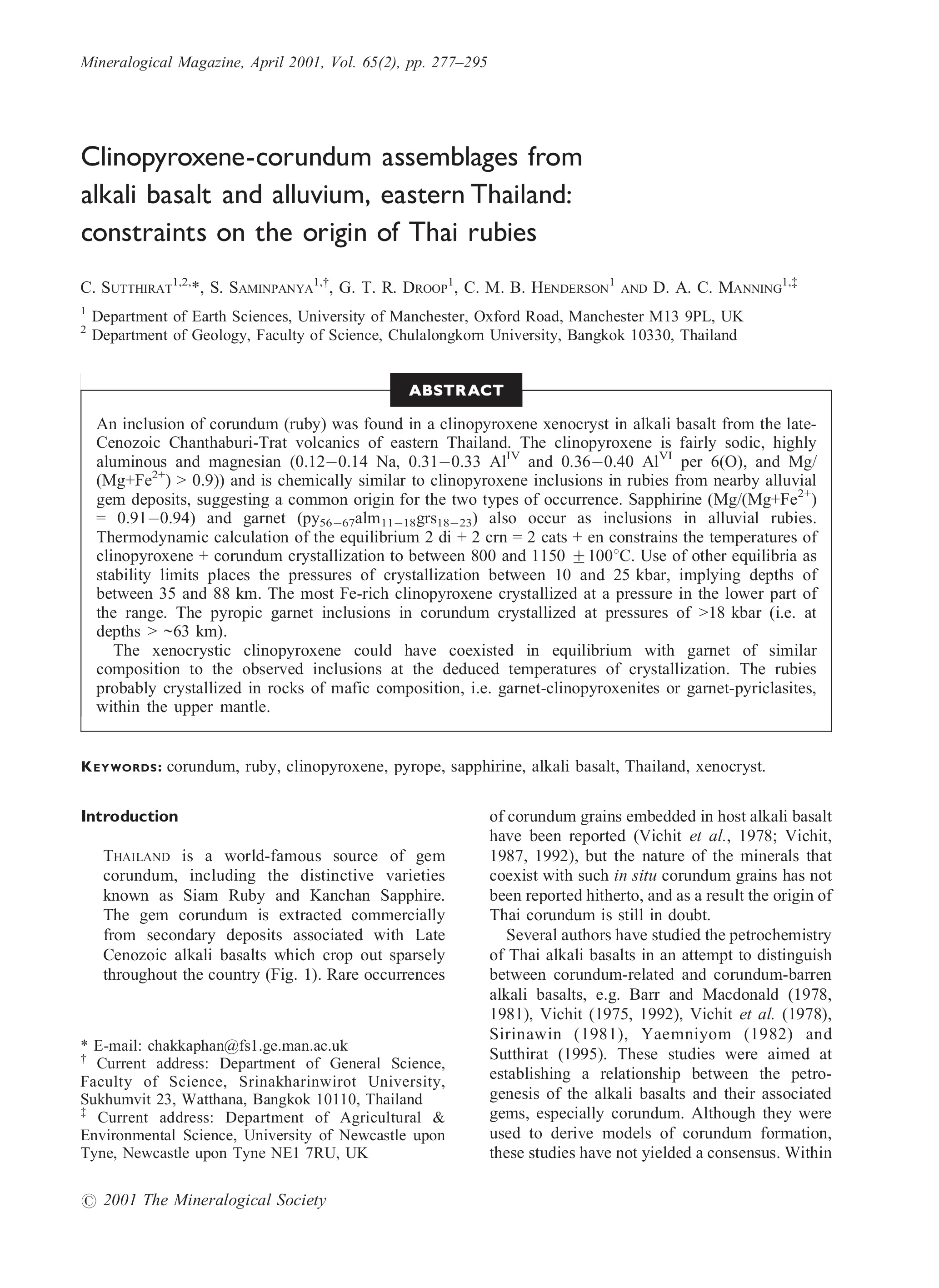 Clinopyroxene–corundum assemblages from alkali basalt and alluvium, eastern Thailand: Constraints on the origin of Thai rubies