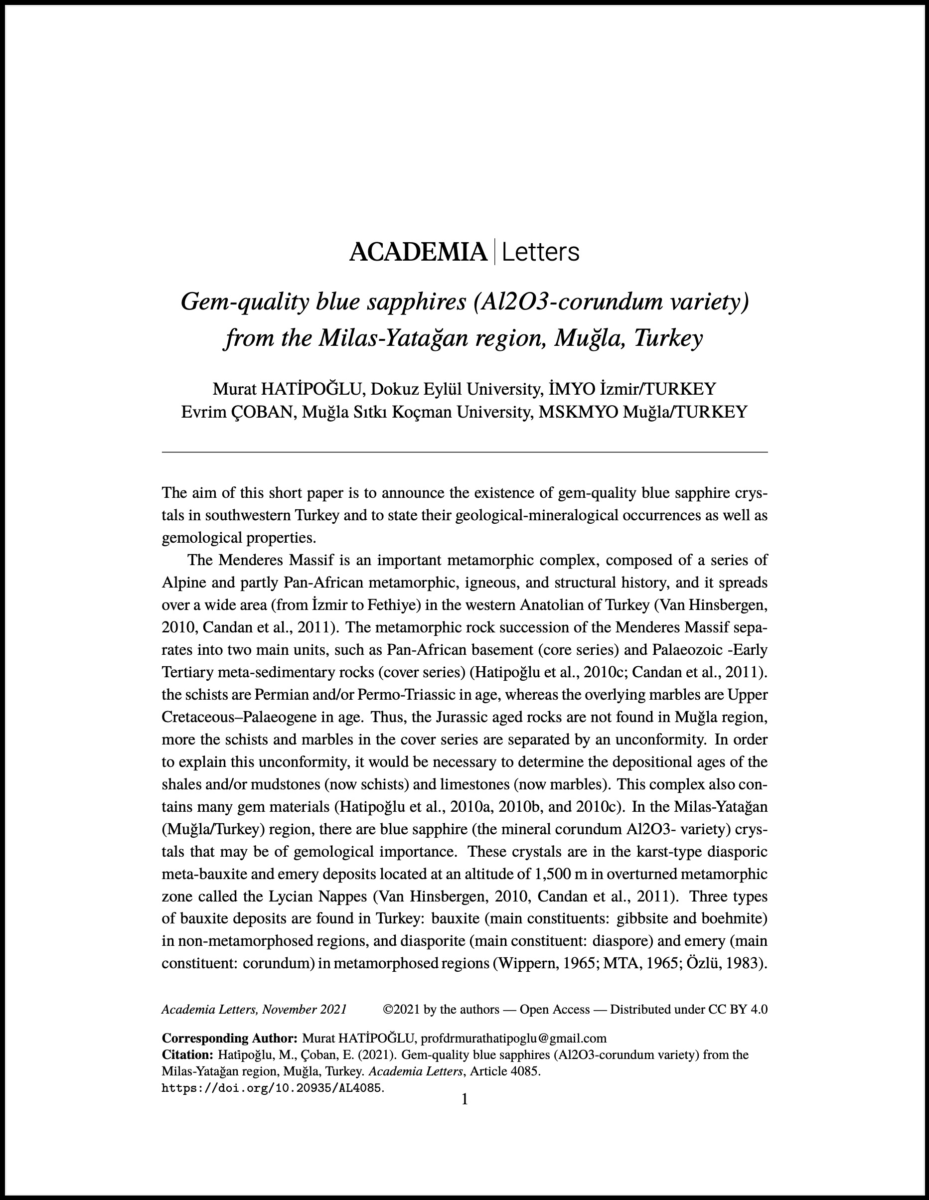 Gem-quality blue sapphires (Al₂O₃–corundum variety) from the Milas–Yatağlıa