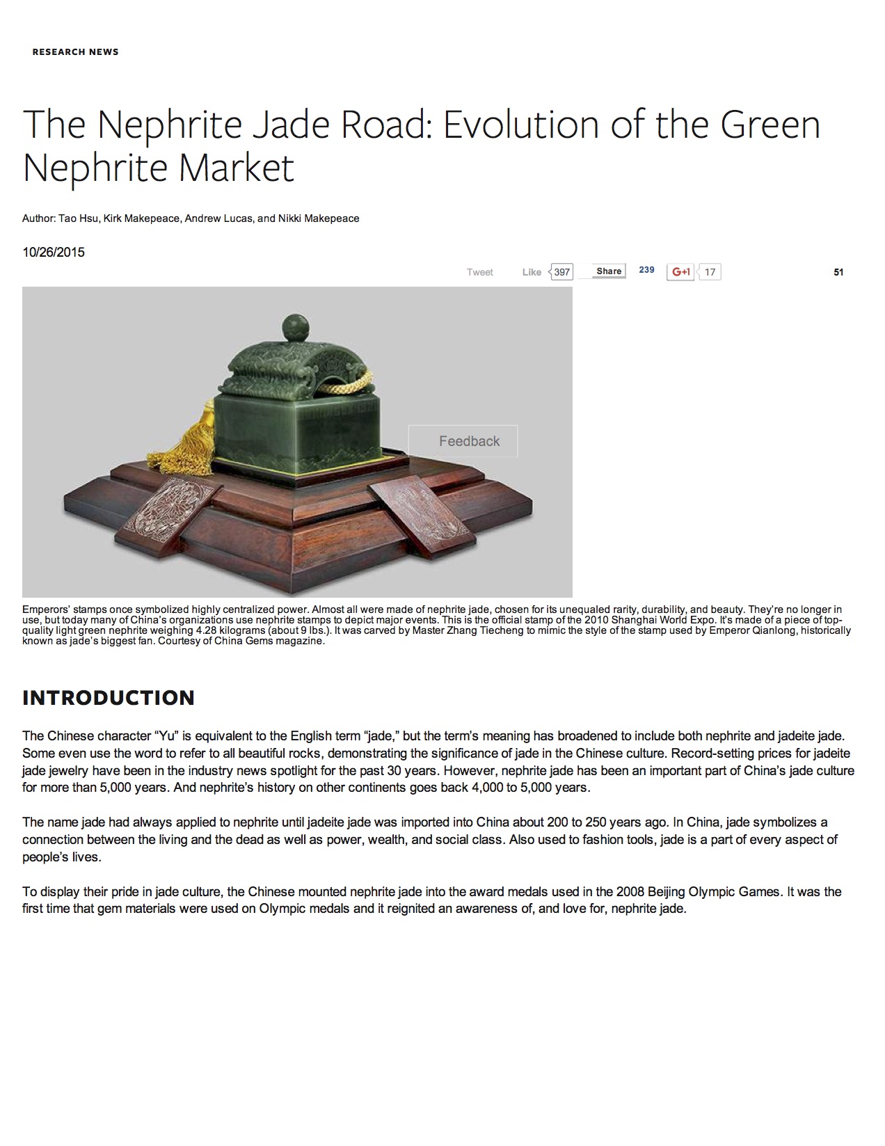 The nephrite jade road: Evolution of the green nephrite market