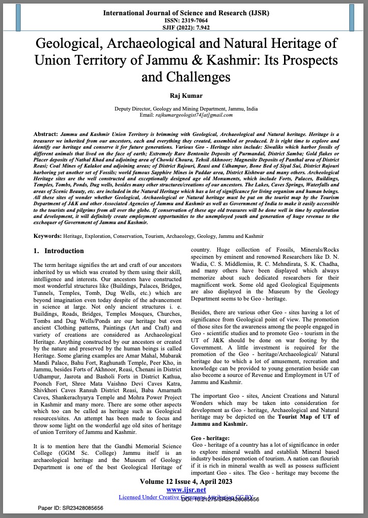 Geological, archaeological and natural heritage of Union Territory of Jammu & Kasmir: Its prospects and challenges