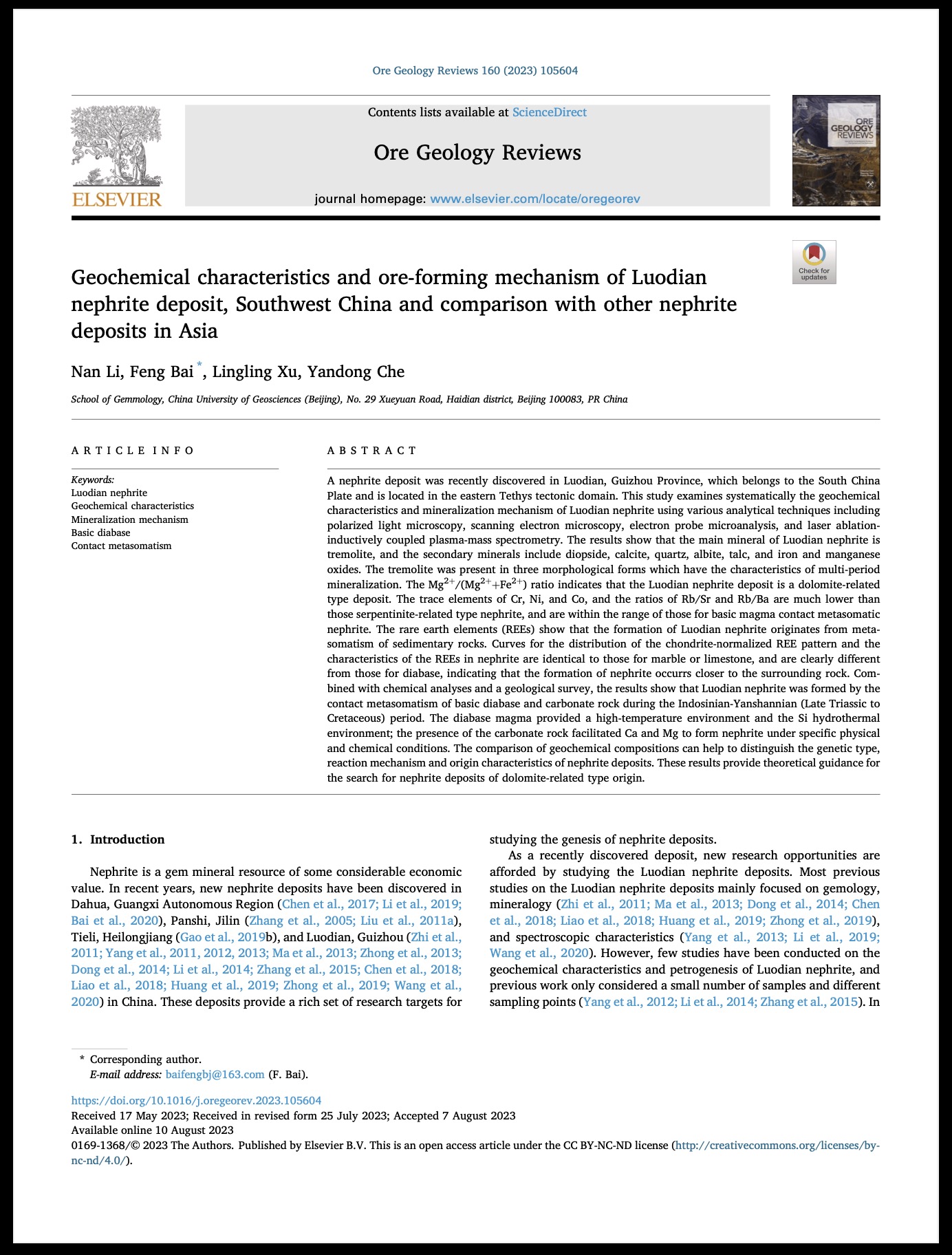 Geochemical characteristics and ore-forming mechanism of Luodian nephrite deposit, Southwest China and comparison with other nephrite deposits in Asia