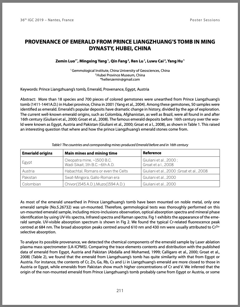 Provenance of emerald from Prince Liangzhuang’s tomb in Ming dynasty, Hubei, China