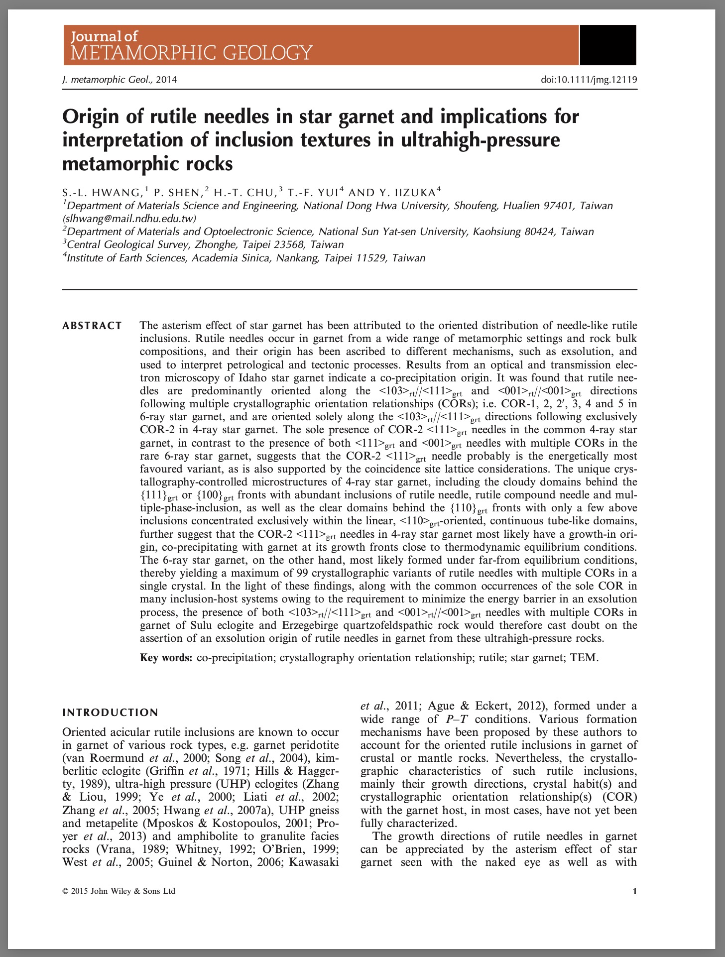 Origin of rutile needles in star garnet and implications for interpretation of inclusion textures in ultrahigh-pressure metamorphic rocks