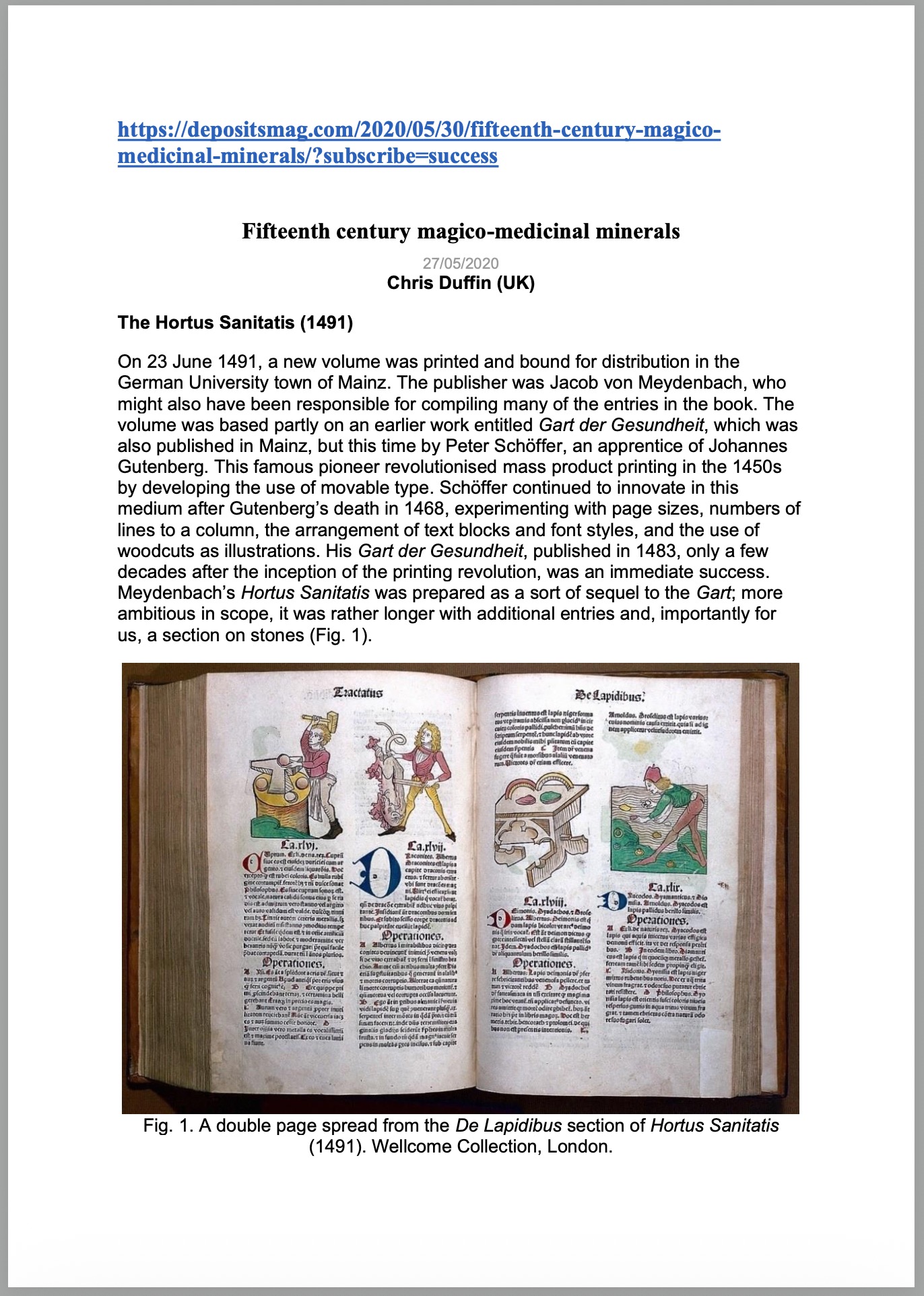 Fifteenth century magico-medicinal minerals: The Hortus Sanitatis (1491)