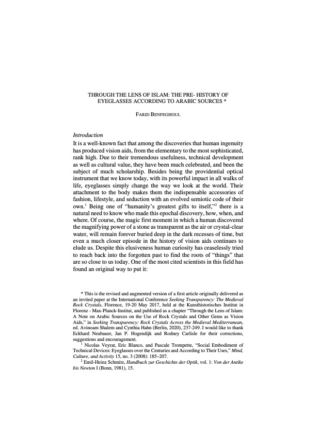Through the lens of Islam: The pre-history of eye-glasses according to Arabic sources