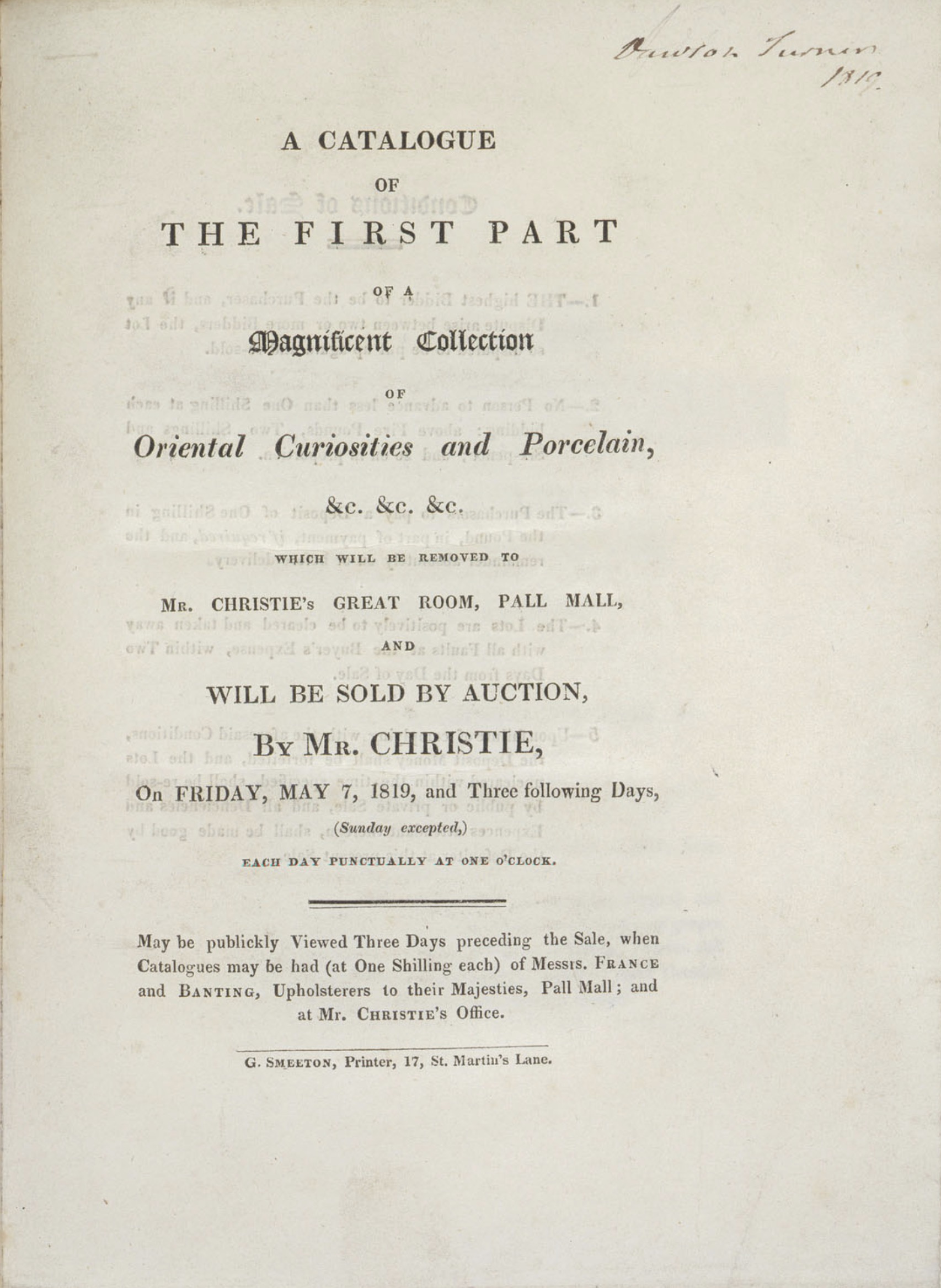 A Catalogue of the First Part of a Magnificent Collection of Oriental Curiosities and Porcelain, etc.