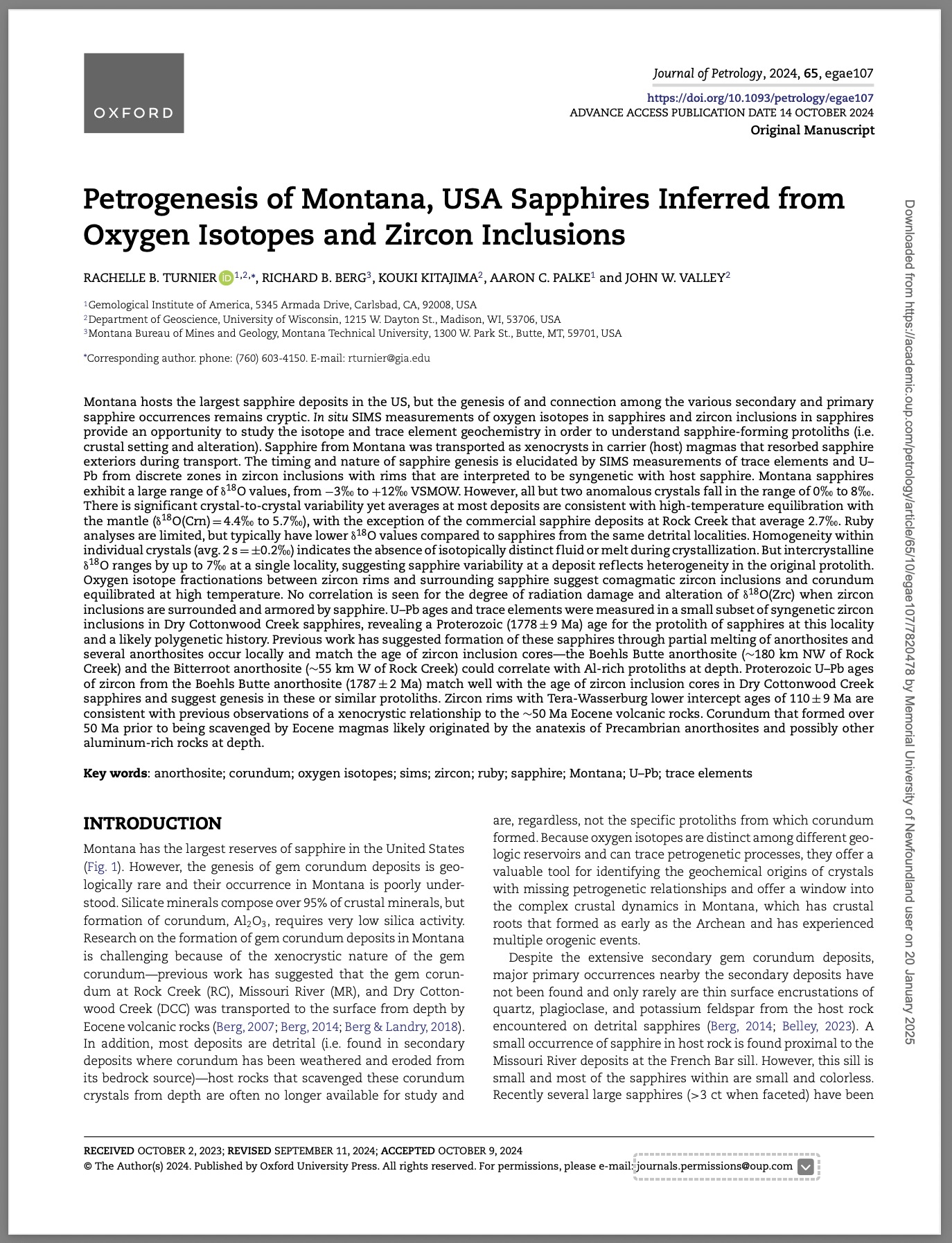 Petrogenesis of Montana, USA sapphires inferred from oxygen isotopes and zircon inclusions
